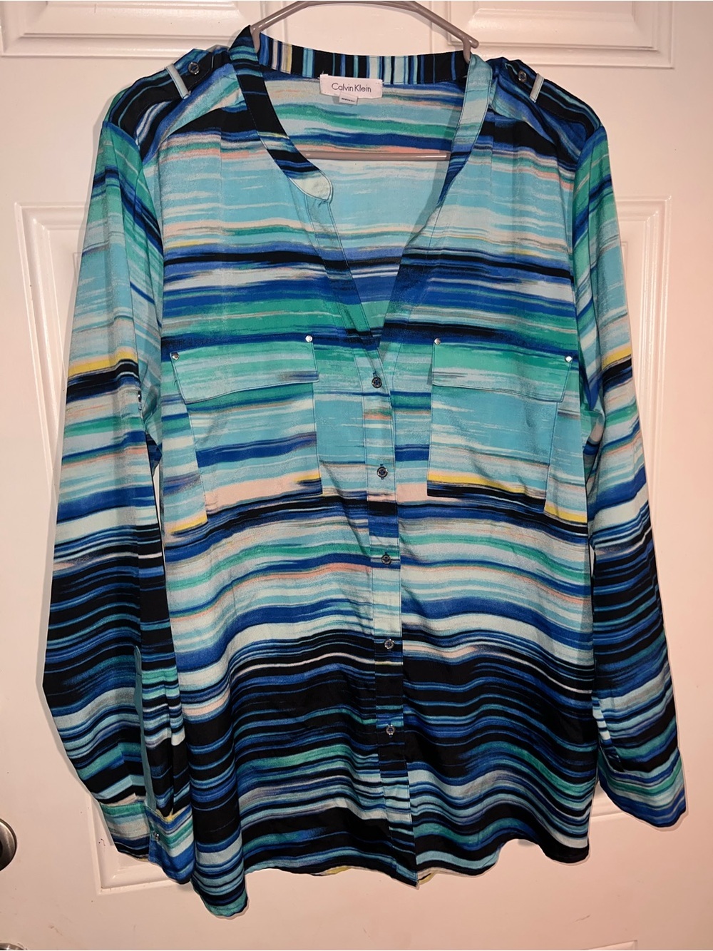Calvin Klein Striped Button-Front Women's Shirt in Blue and Teal - Picture 2 of 4